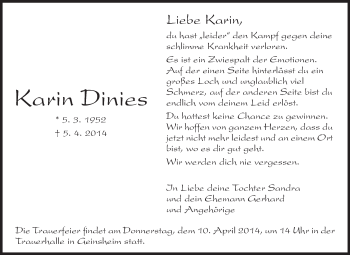 Traueranzeige von Karin Dinies von Rüsselsheimer Echo, Groß-Gerauer-Echo, Ried Echo