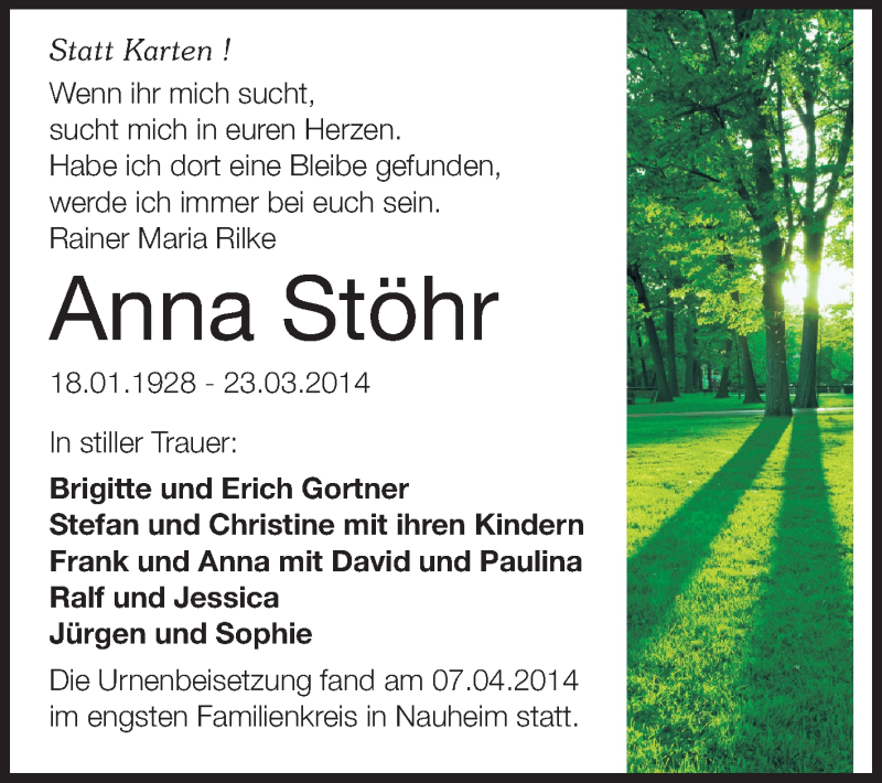  Traueranzeige für Anna Stöhr vom 12.04.2014 aus Rüsselsheimer Echo, Groß-Gerauer-Echo, Ried Echo