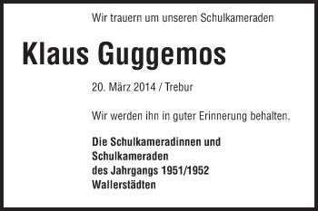 Traueranzeige von Klaus Guggemos von Rüsselsheimer Echo, Groß-Gerauer-Echo, Ried Echo