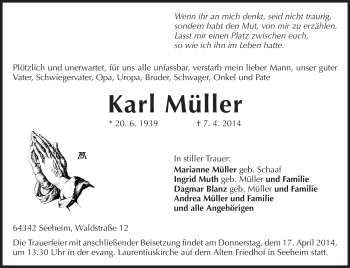 Traueranzeige von Karl Müller von Echo-Zeitungen (Gesamtausgabe)
