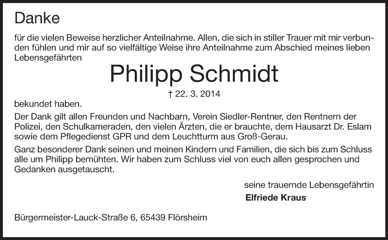  Traueranzeige für Philipp Schmidt vom 19.04.2014 aus Rüsselsheimer Echo, Groß-Gerauer-Echo, Ried Echo