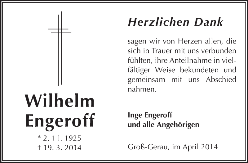  Traueranzeige für Wilhelm Engeroff vom 12.04.2014 aus Rüsselsheimer Echo, Groß-Gerauer-Echo, Ried Echo