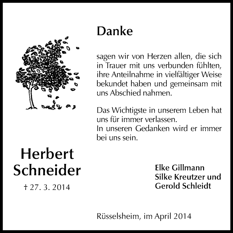  Traueranzeige für Herbert Schneider vom 12.04.2014 aus Rüsselsheimer Echo, Groß-Gerauer-Echo, Ried Echo