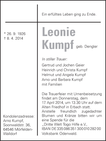 Traueranzeige von Leonie Kumpf von Odenwälder Echo