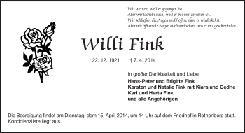 Traueranzeige von Willi Fink von Odenwälder Echo