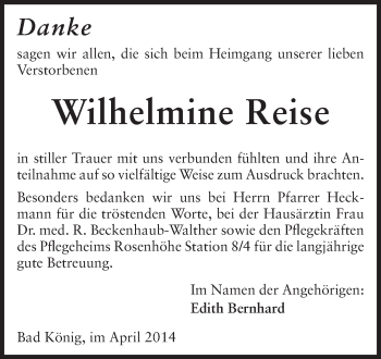 Traueranzeige von Wilhelmine Reise von Odenwälder Echo