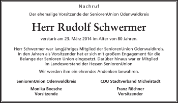 Traueranzeige von Rudolf Schwermer von Odenwälder Echo