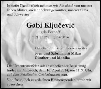 Traueranzeige von Gabi Kljucevik von Echo-Zeitungen (Gesamtausgabe)