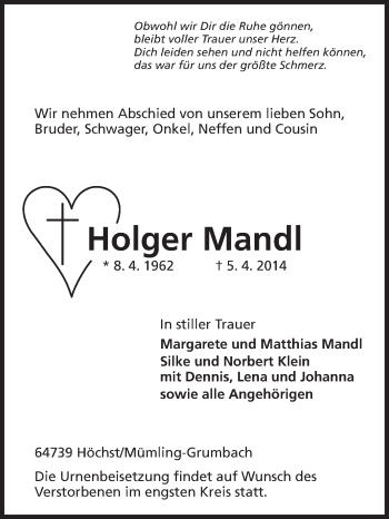 Traueranzeige von Holger Mandl von Odenwälder Echo