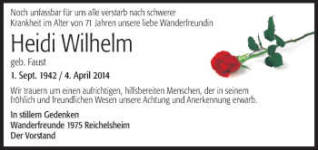 Traueranzeige von Heidi Wilhelm von Odenwälder Echo