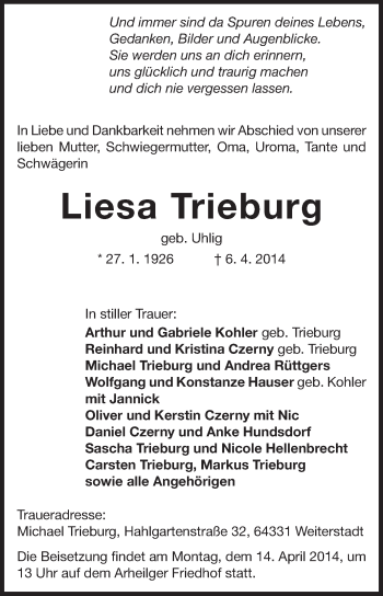 Traueranzeige von Liesa Trieburg von Echo-Zeitungen (Gesamtausgabe)