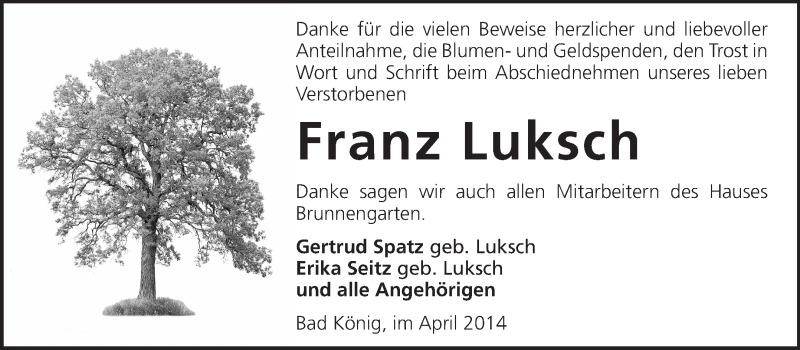  Traueranzeige für Franz Luksch vom 16.04.2014 aus Odenwälder Echo