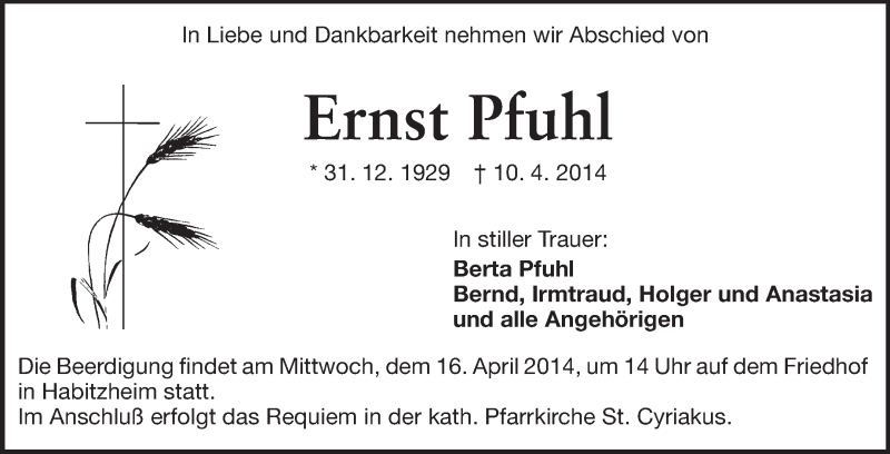  Traueranzeige für Ernst Pfuhl vom 12.04.2014 aus Echo-Zeitungen (Gesamtausgabe)