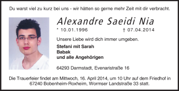 Traueranzeige von Alexandre Saeidi Nia von Echo-Zeitungen (Gesamtausgabe)