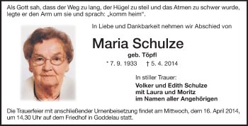 Traueranzeige von Maria Schulze von Rüsselsheimer Echo, Groß-Gerauer-Echo, Ried Echo