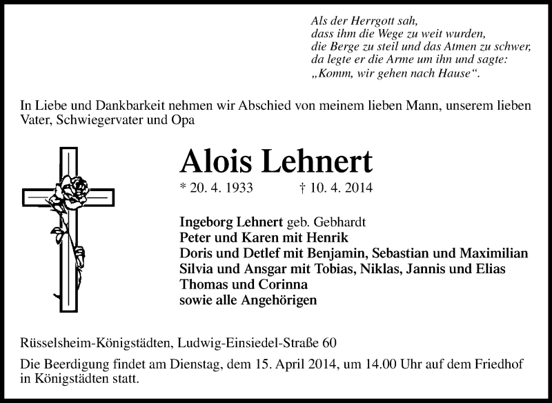  Traueranzeige für Alois Lehnert vom 12.04.2014 aus Rüsselsheimer Echo, Groß-Gerauer-Echo, Ried Echo