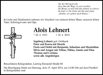 Traueranzeige von Alois Lehnert von Rüsselsheimer Echo, Groß-Gerauer-Echo, Ried Echo
