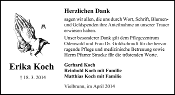 Traueranzeige von Erika Koch von Odenwälder Echo