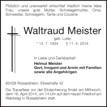 Traueranzeige von Waltraud Meister von Echo-Zeitungen (Gesamtausgabe)