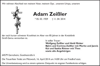 Traueranzeige von Adam Zeißler von Echo-Zeitungen (Gesamtausgabe)