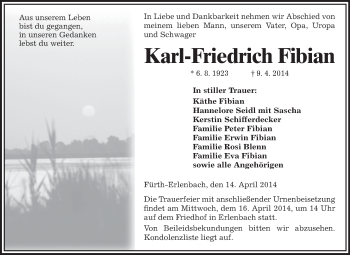 Traueranzeige von Karl-Friedrich Fibian von Starkenburger Echo