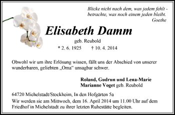 Traueranzeige von Elisabeth Damm von Odenwälder Echo