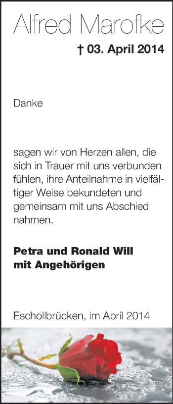 Traueranzeige von Alfred Marofke von Echo-Zeitungen (Gesamtausgabe)