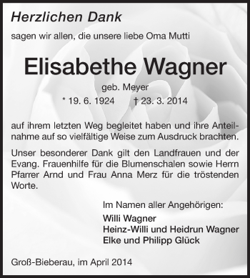 Traueranzeige von Elisabethe Wagner von Echo-Zeitungen (Gesamtausgabe)