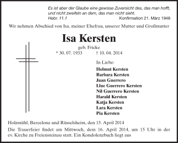 Traueranzeige von Isa Kersten von Rüsselsheimer Echo, Groß-Gerauer-Echo, Ried Echo