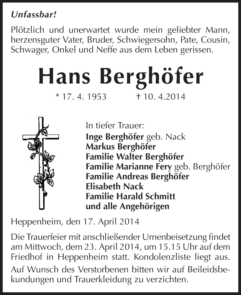  Traueranzeige für Hans Berghöfer vom 17.04.2014 aus Starkenburger Echo