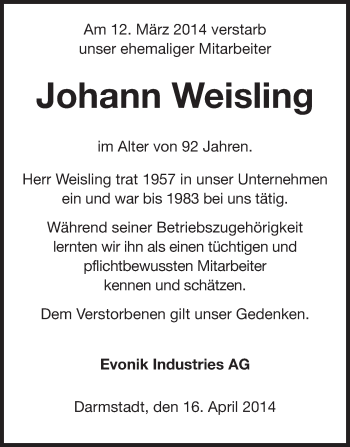 Traueranzeige von Johann Weisling von Echo-Zeitungen (Gesamtausgabe)