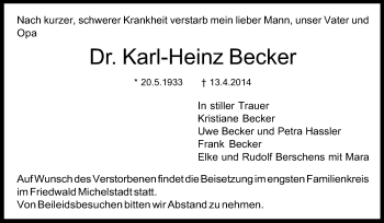 Traueranzeige von Karl-Heinz Becker von Echo-Zeitungen (Gesamtausgabe)