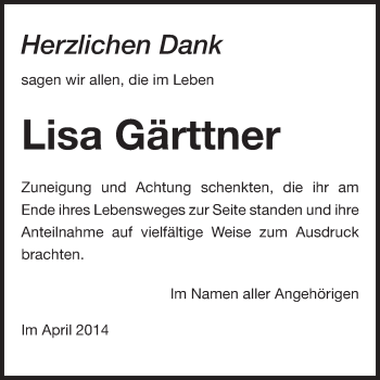 Traueranzeige von Lisa Gärttner von Odenwälder Echo