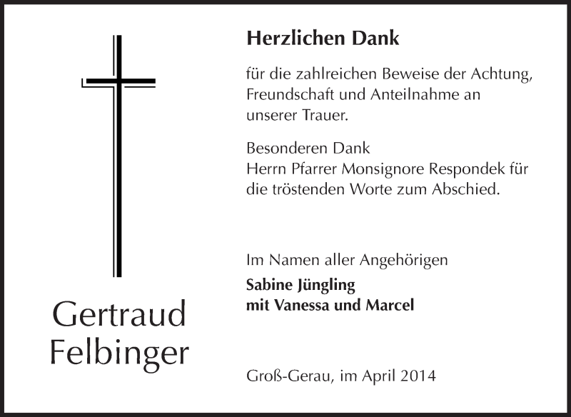  Traueranzeige für Gertraud Felbinger vom 19.04.2014 aus Rüsselsheimer Echo, Groß-Gerauer-Echo, Ried Echo