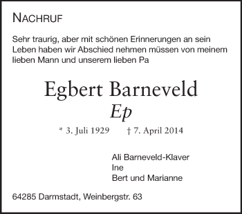 Traueranzeige von Egbert Barneveld von Darmstädter Echo, Odenwälder Echo, Rüsselsheimer Echo, Groß-Gerauer-Echo, Ried Echo