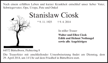 Traueranzeige von Stanislaw Ciosk von Rüsselsheimer Echo, Groß-Gerauer-Echo, Ried Echo