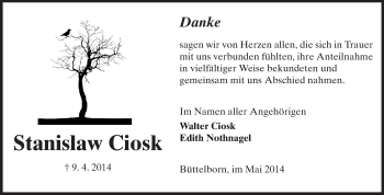 Traueranzeige von Stanislaw Ciosk von Rüsselsheimer Echo, Groß-Gerauer-Echo, Ried Echo