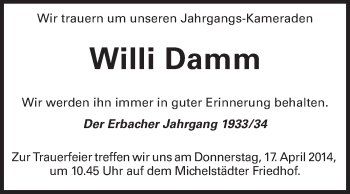 Traueranzeige von Willi Damm von Odenwälder Echo