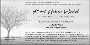 Traueranzeige von Karl-Heinz Wedel von Echo-Zeitungen (Gesamtausgabe)