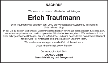 Traueranzeige von Erich Trautmann von Odenwälder Echo