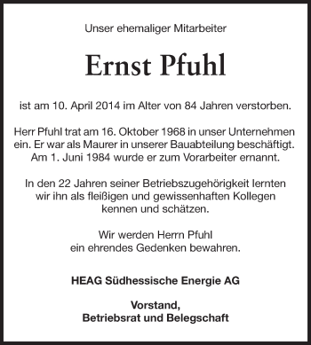 Traueranzeige von Ernst Pfuhl von Echo-Zeitungen (Gesamtausgabe)