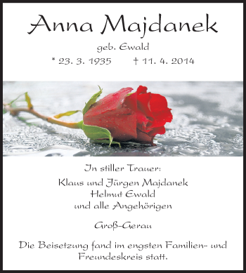 Traueranzeige von Anna Majdanek von Rüsselsheimer Echo, Groß-Gerauer-Echo, Ried Echo