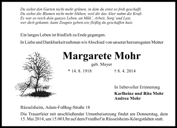 Traueranzeige von Margarete Mohr von Rüsselsheimer Echo, Groß-Gerauer-Echo, Ried Echo