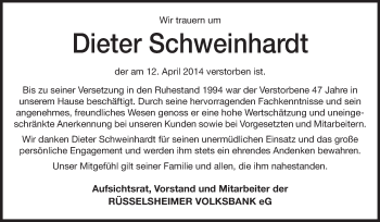 Traueranzeige von Dieter Schweinhardt von Rüsselsheimer Echo, Groß-Gerauer-Echo, Ried Echo
