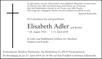 Traueranzeige von Elisabeth Adler von Echo-Zeitungen (Gesamtausgabe)