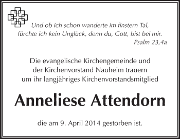 Traueranzeige von Anneliese Attendorn von Rüsselsheimer Echo, Groß-Gerauer-Echo, Ried Echo