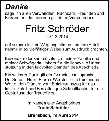 Traueranzeige von Fritz Schröder von Odenwälder Echo