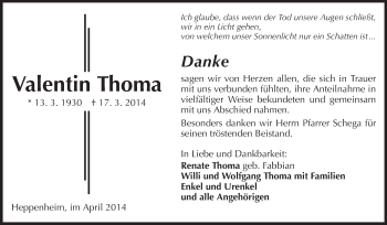 Traueranzeige von Valentin Thoma von Starkenburger Echo