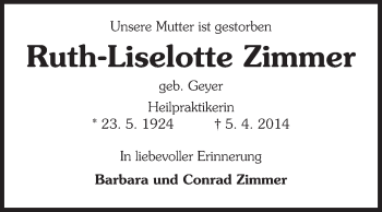 Traueranzeige von Ruth-Liselotte Zimmer von Echo-Zeitungen (Gesamtausgabe)