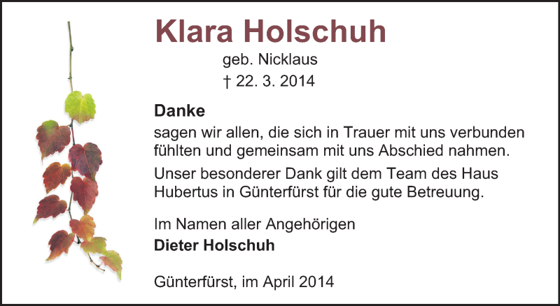  Traueranzeige für Klara Holschuh vom 19.04.2014 aus Odenwälder Echo